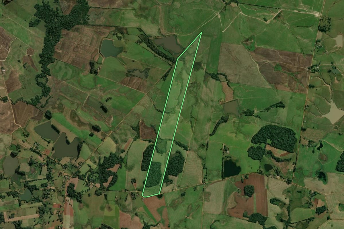 Imagem de satélite do imóvel rural em Candelária (RS), com o contorno declarado no CAR desenhado por cima.