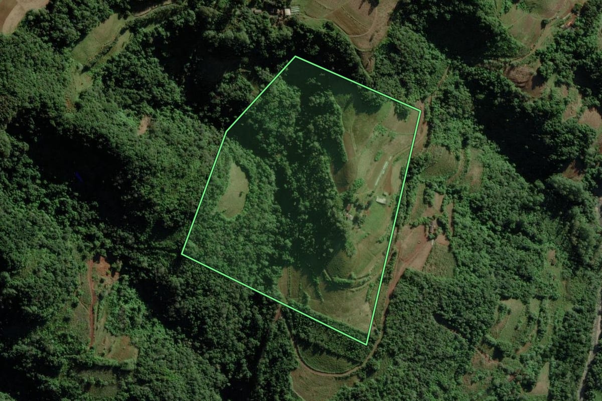 Imagem de satélite do imóvel rural em Candelária (RS), com o contorno declarado no CAR desenhado por cima.