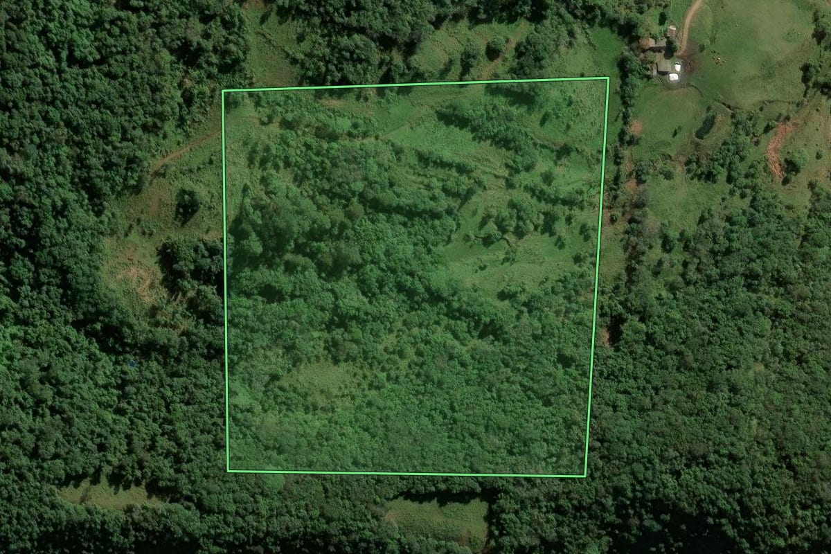 Imagem de satélite do imóvel rural em Candelária (RS), com o contorno declarado no CAR desenhado por cima.
