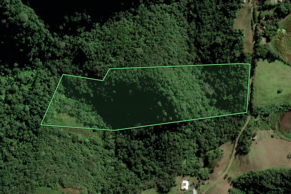 Imagem de satélite do imóvel rural em Candelária (RS), com o contorno declarado no CAR desenhado por cima.