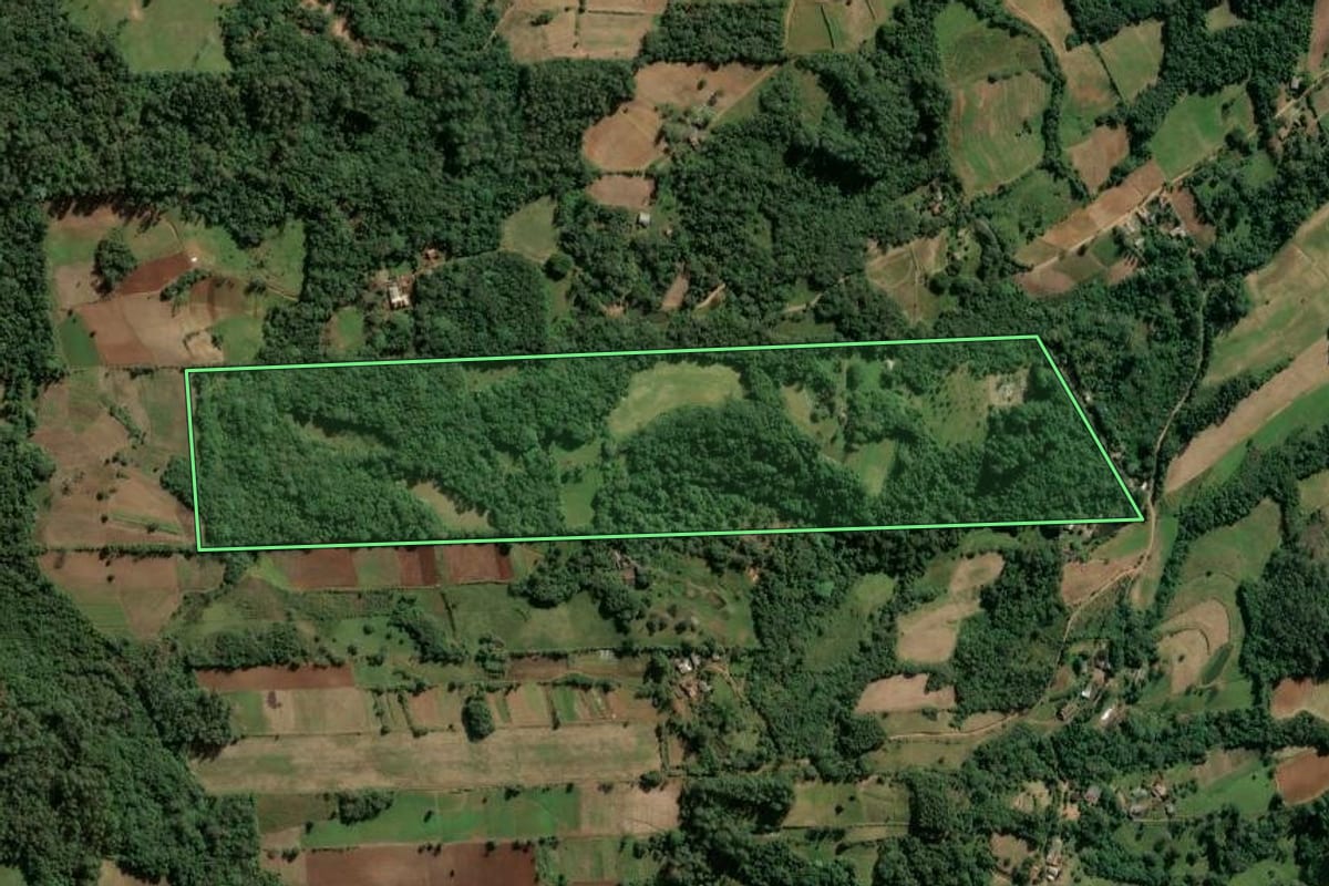 Imagem de satélite do imóvel rural em Candelária (RS), com o contorno declarado no CAR desenhado por cima.