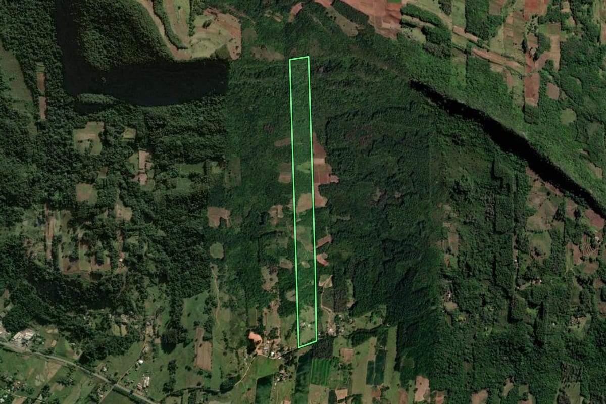 Imagem de satélite do imóvel rural em Candelária (RS), com o contorno declarado no CAR desenhado por cima.