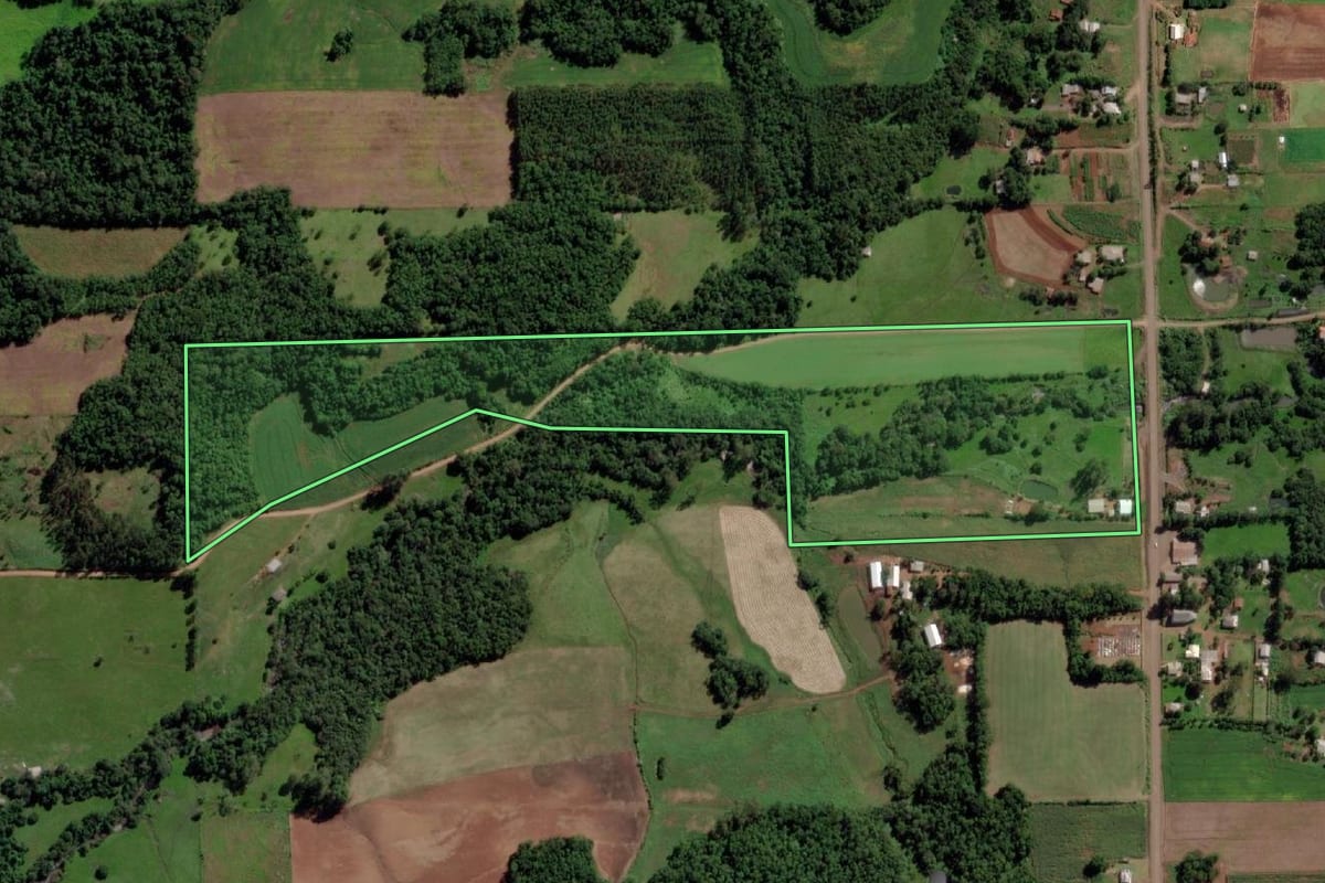 Imagem de satélite do imóvel rural em Cândido Godói (RS), com o contorno declarado no CAR desenhado por cima.