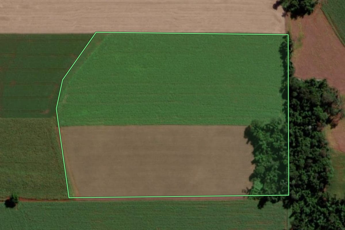 Imagem de satélite do imóvel rural em Cândido Godói (RS), com o contorno declarado no CAR desenhado por cima.