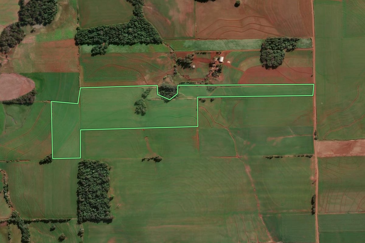 Imagem de satélite do imóvel rural em Cândido Godói (RS), com o contorno declarado no CAR desenhado por cima.