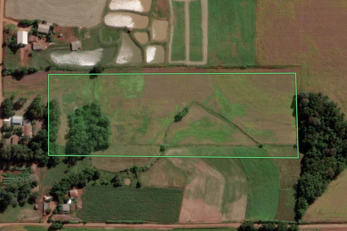 Imagem de satélite do imóvel rural em Cândido Godói (RS), com o contorno declarado no CAR desenhado por cima.
