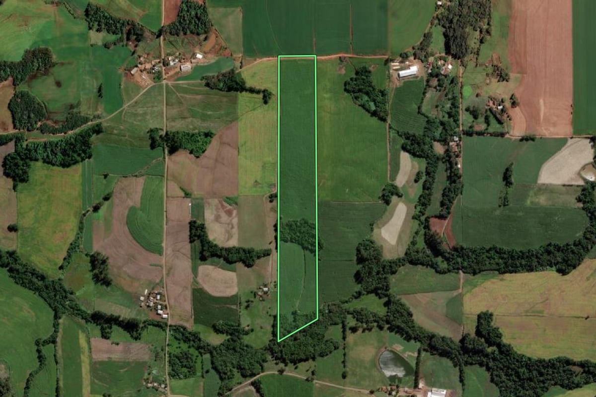 Imagem de satélite do imóvel rural em Cândido Godói (RS), com o contorno declarado no CAR desenhado por cima.