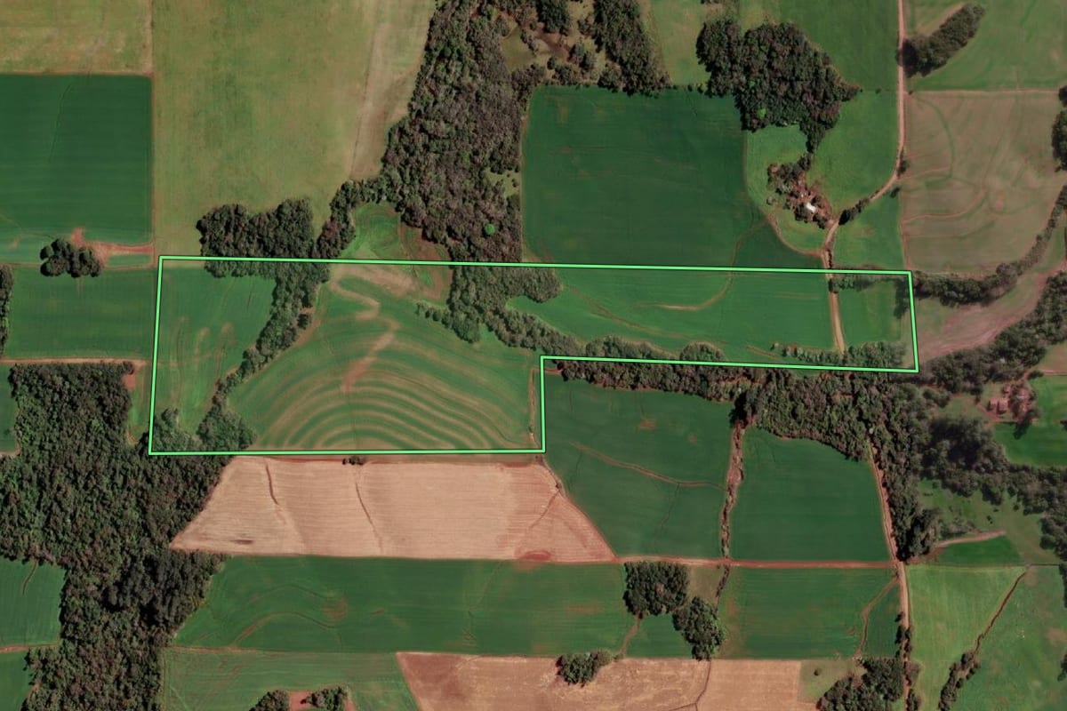 Imagem de satélite do imóvel rural em Cândido Godói (RS), com o contorno declarado no CAR desenhado por cima.