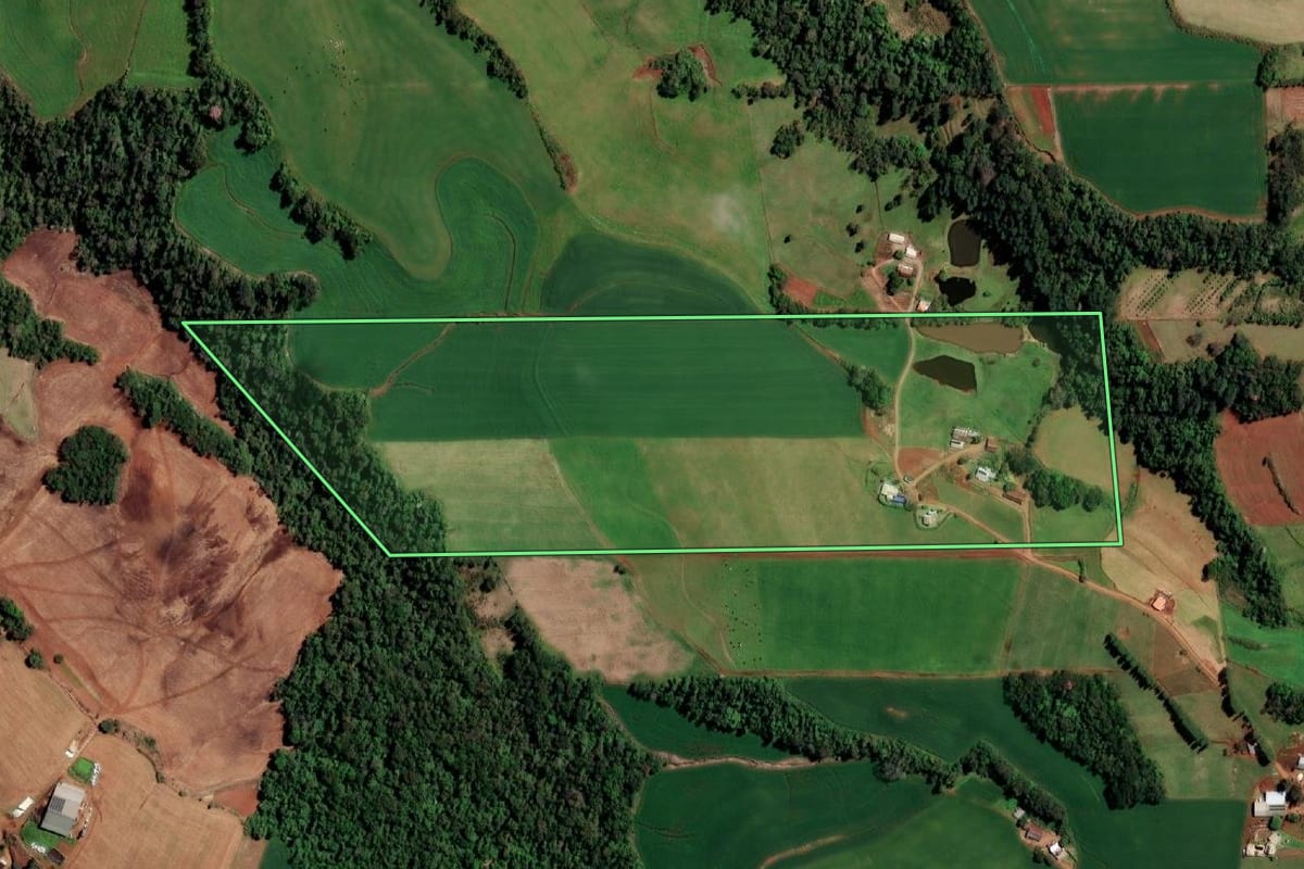 Imagem de satélite do imóvel rural em Cândido Godói (RS), com o contorno declarado no CAR desenhado por cima.