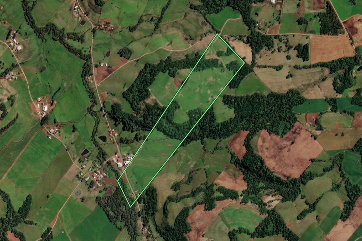 Imagem de satélite do imóvel rural em Cândido Godói (RS), com o contorno declarado no CAR desenhado por cima.
