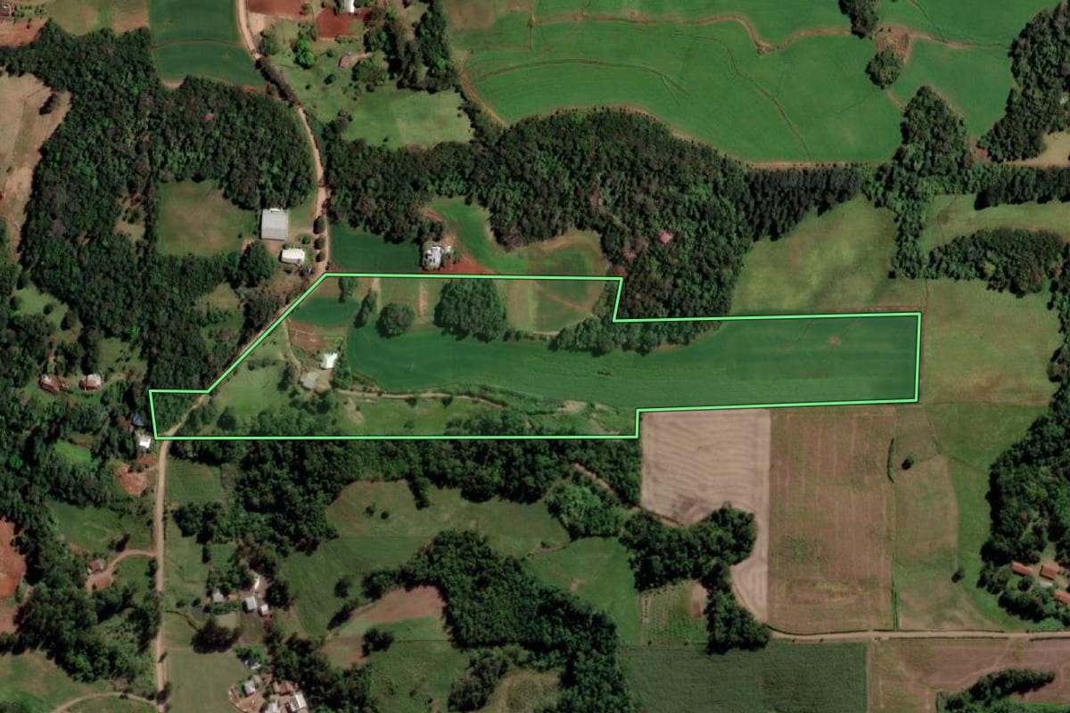 Imagem de satélite do imóvel rural em Cândido Godói (RS), com o contorno declarado no CAR desenhado por cima.