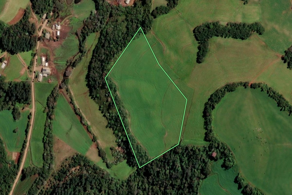 Imagem de satélite do imóvel rural em Cândido Godói (RS), com o contorno declarado no CAR desenhado por cima.