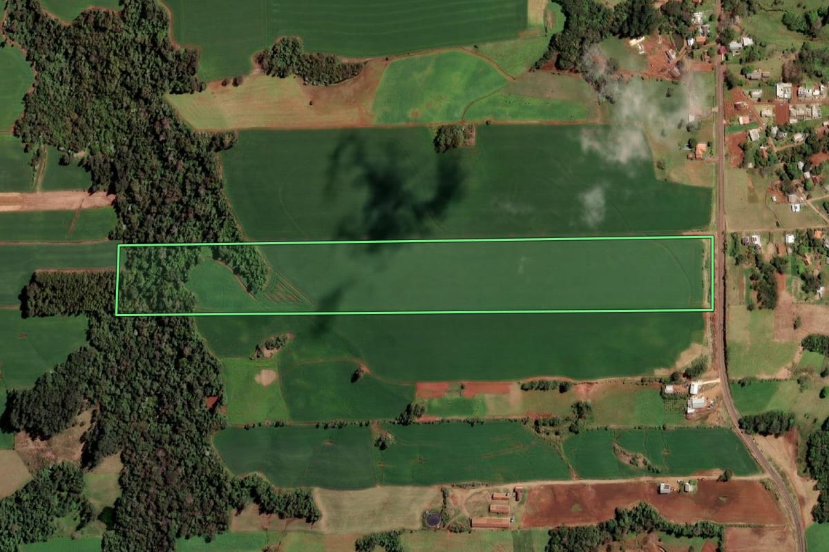 Imagem de satélite do imóvel rural em Cândido Godói (RS), com o contorno declarado no CAR desenhado por cima.