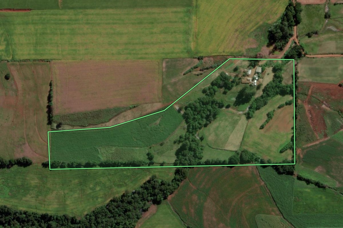 Imagem de satélite do imóvel rural em Cândido Godói (RS), com o contorno declarado no CAR desenhado por cima.