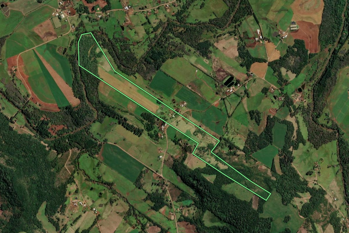Imagem de satélite do imóvel rural em Cândido Godói (RS), com o contorno declarado no CAR desenhado por cima.