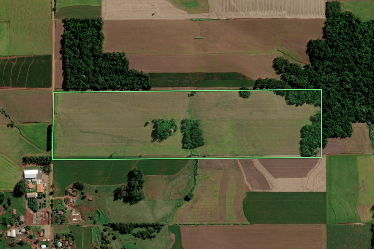 Imagem de satélite do imóvel rural em Cândido Godói (RS), com o contorno declarado no CAR desenhado por cima.