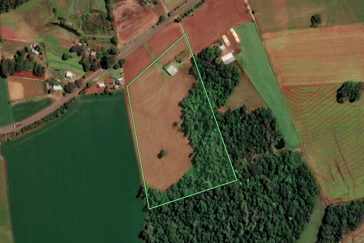 Imagem de satélite do imóvel rural em Cândido Godói (RS), com o contorno declarado no CAR desenhado por cima.