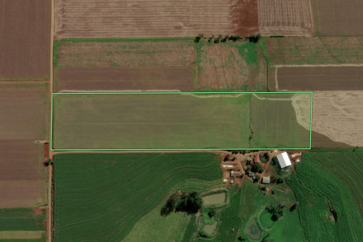 Imagem de satélite do imóvel rural em Cândido Godói (RS), com o contorno declarado no CAR desenhado por cima.