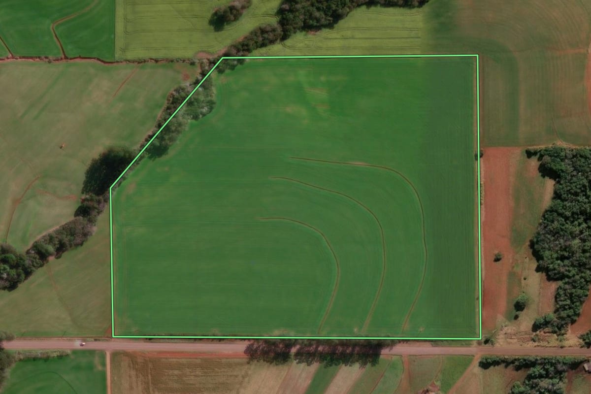 Imagem de satélite do imóvel rural em Cândido Godói (RS), com o contorno declarado no CAR desenhado por cima.
