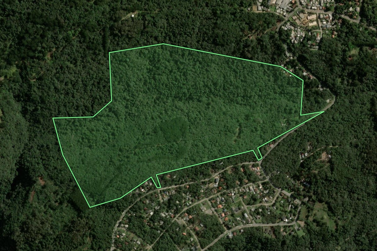 Imagem de satélite do imóvel rural em Canela (RS), com o contorno declarado no CAR desenhado por cima.