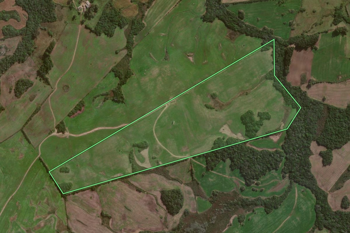 Imagem de satélite do imóvel rural em Canguçu (RS), com o contorno declarado no CAR desenhado por cima.