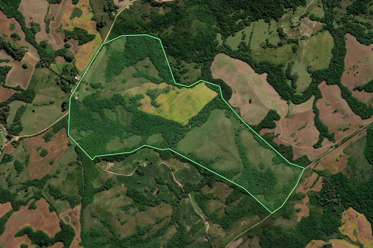 Imagem de satélite do imóvel rural em Canguçu (RS), com o contorno declarado no CAR desenhado por cima.
