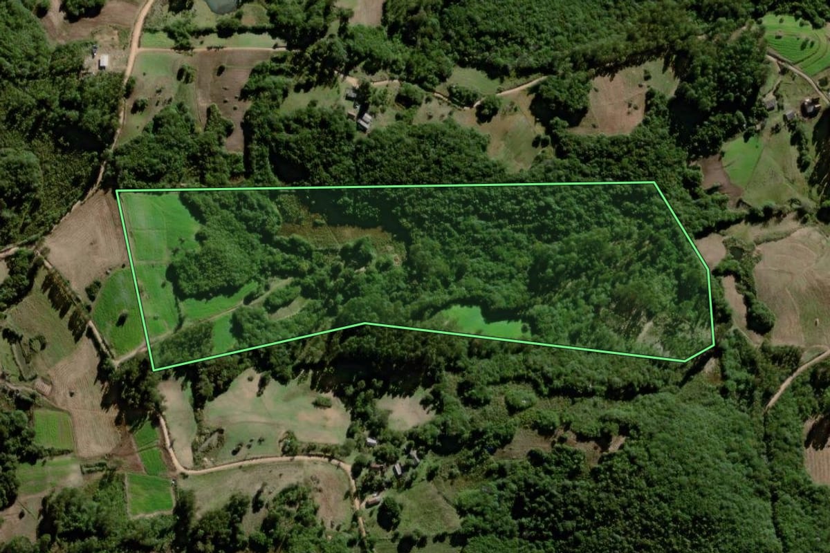 Imagem de satélite do imóvel rural em Canguçu (RS), com o contorno declarado no CAR desenhado por cima.