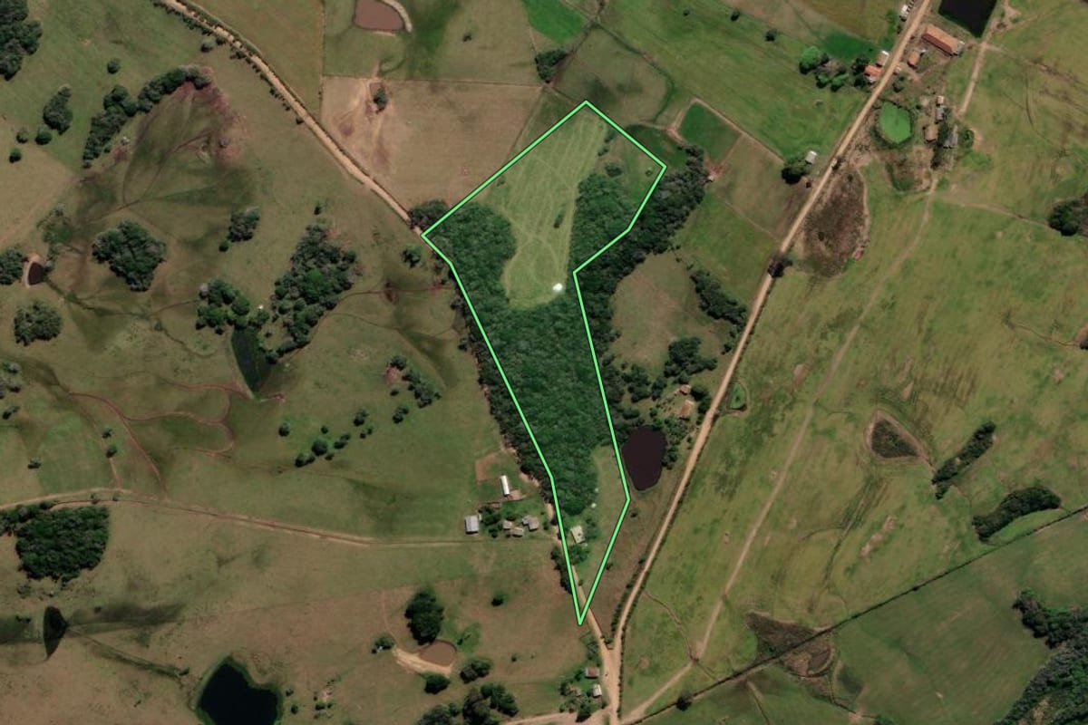 Imagem de satélite do imóvel rural em Canguçu (RS), com o contorno declarado no CAR desenhado por cima.