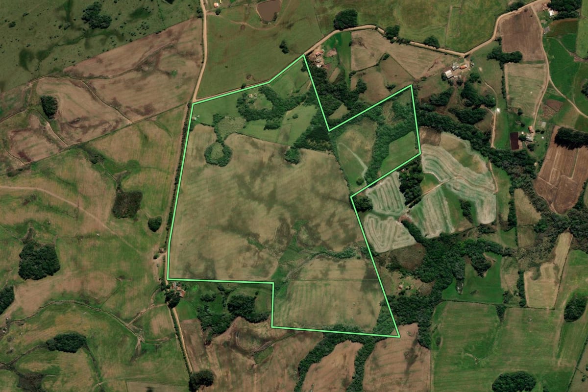 Imagem de satélite do imóvel rural em Canguçu (RS), com o contorno declarado no CAR desenhado por cima.