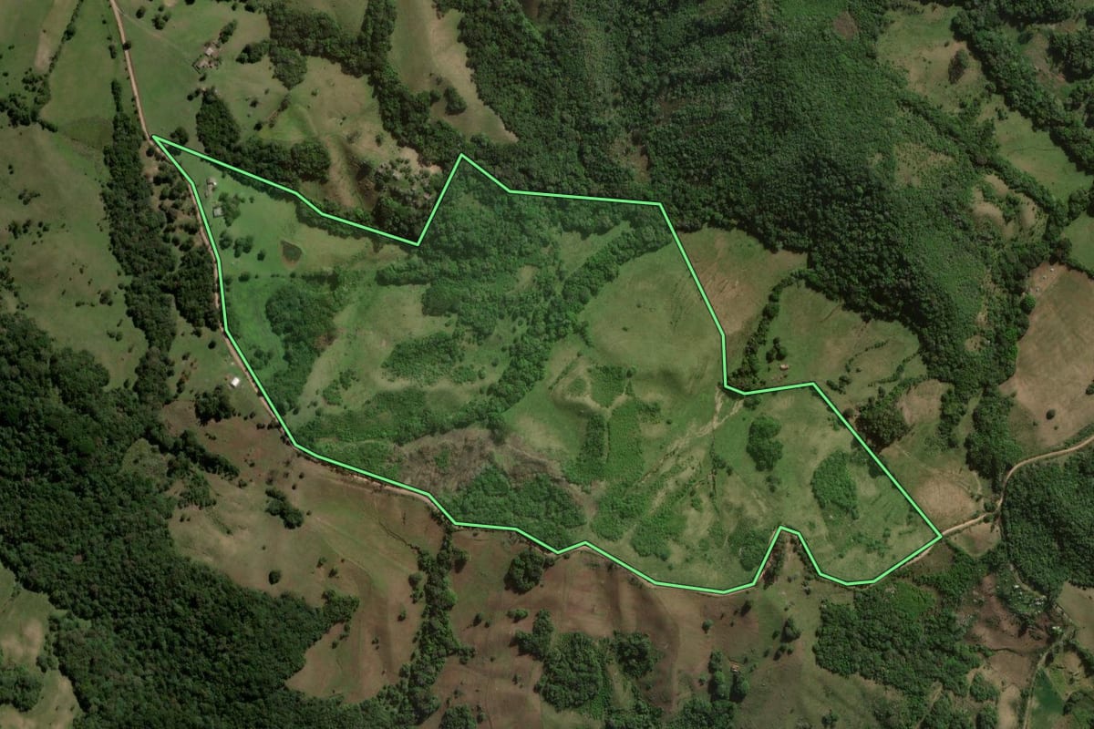 Imagem de satélite do imóvel rural em Canguçu (RS), com o contorno declarado no CAR desenhado por cima.