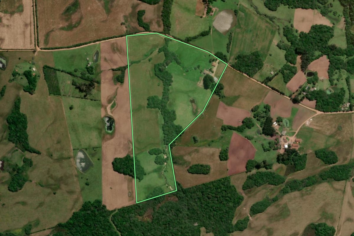 Imagem de satélite do imóvel rural em Canguçu (RS), com o contorno declarado no CAR desenhado por cima.