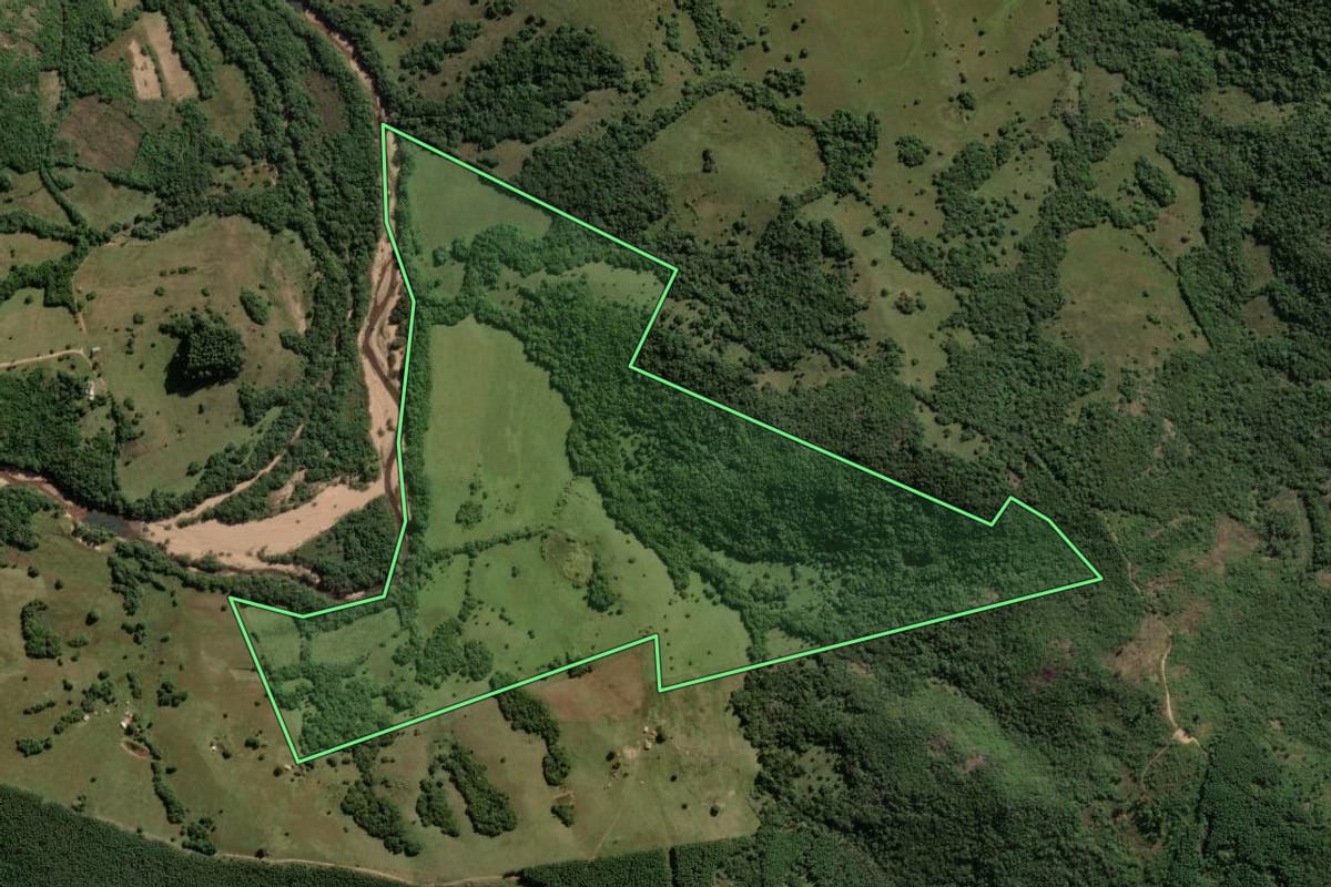 Imagem de satélite do imóvel rural em Canguçu (RS), com o contorno declarado no CAR desenhado por cima.