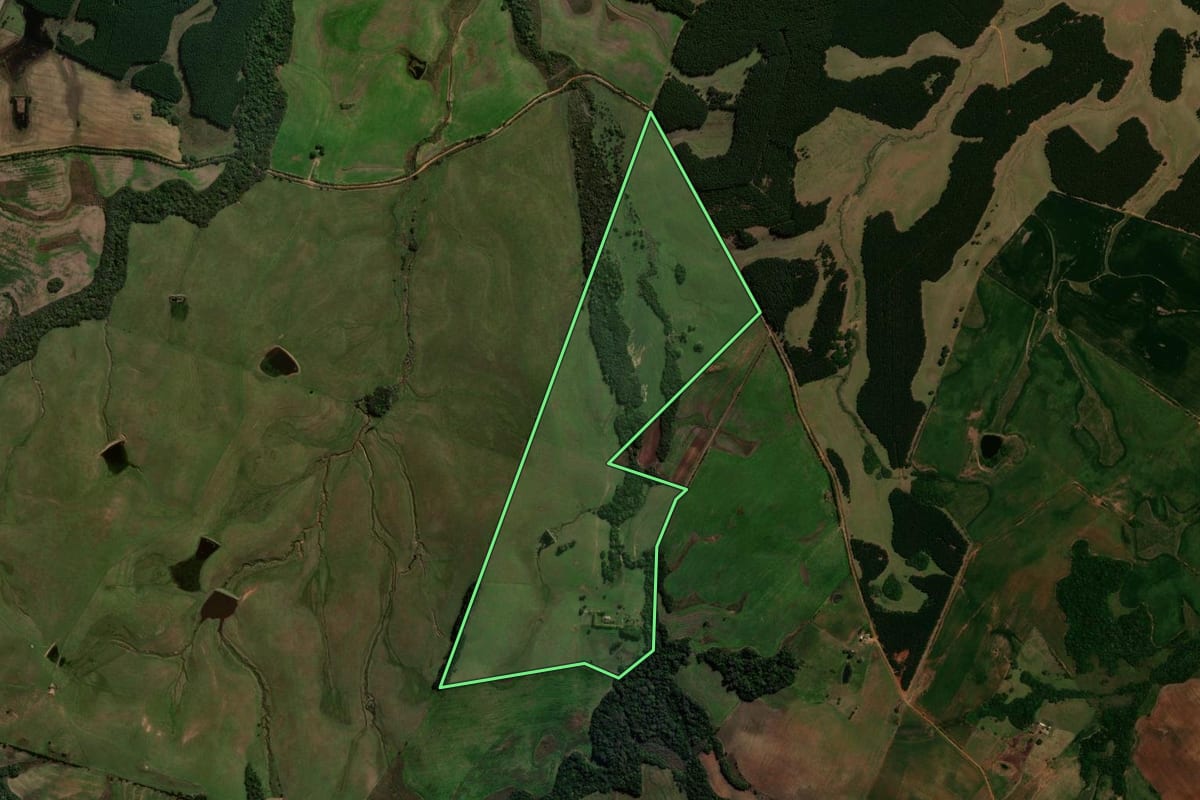 Imagem de satélite do imóvel rural em Canguçu (RS), com o contorno declarado no CAR desenhado por cima.