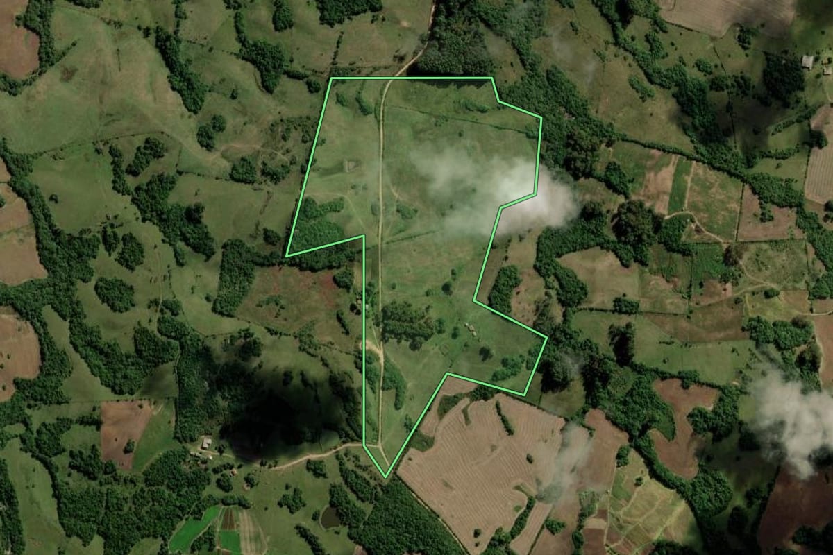 Imagem de satélite do imóvel rural em Canguçu (RS), com o contorno declarado no CAR desenhado por cima.