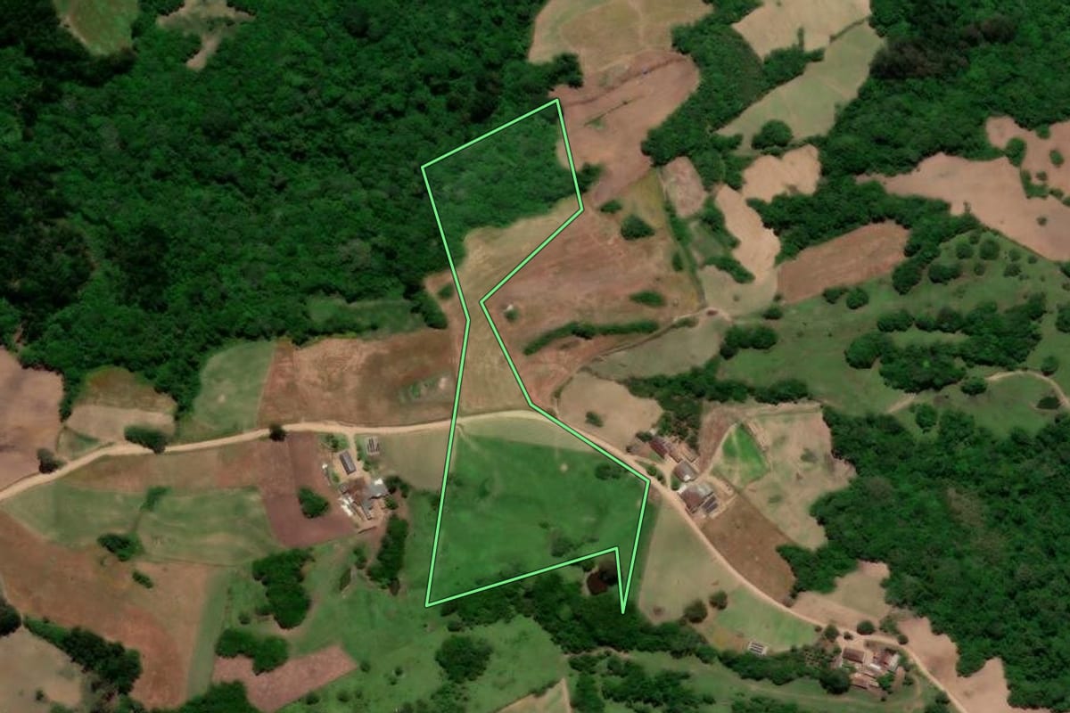 Imagem de satélite do imóvel rural em Canguçu (RS), com o contorno declarado no CAR desenhado por cima.