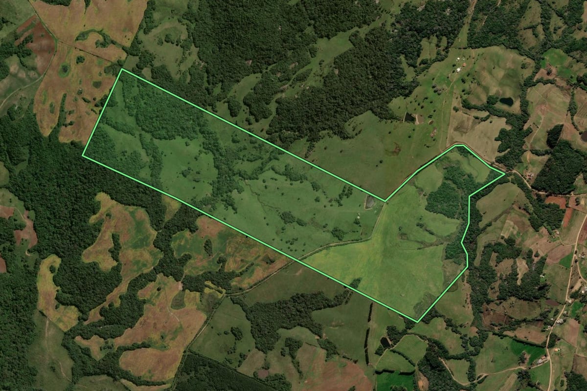Imagem de satélite do imóvel rural em Canguçu (RS), com o contorno declarado no CAR desenhado por cima.