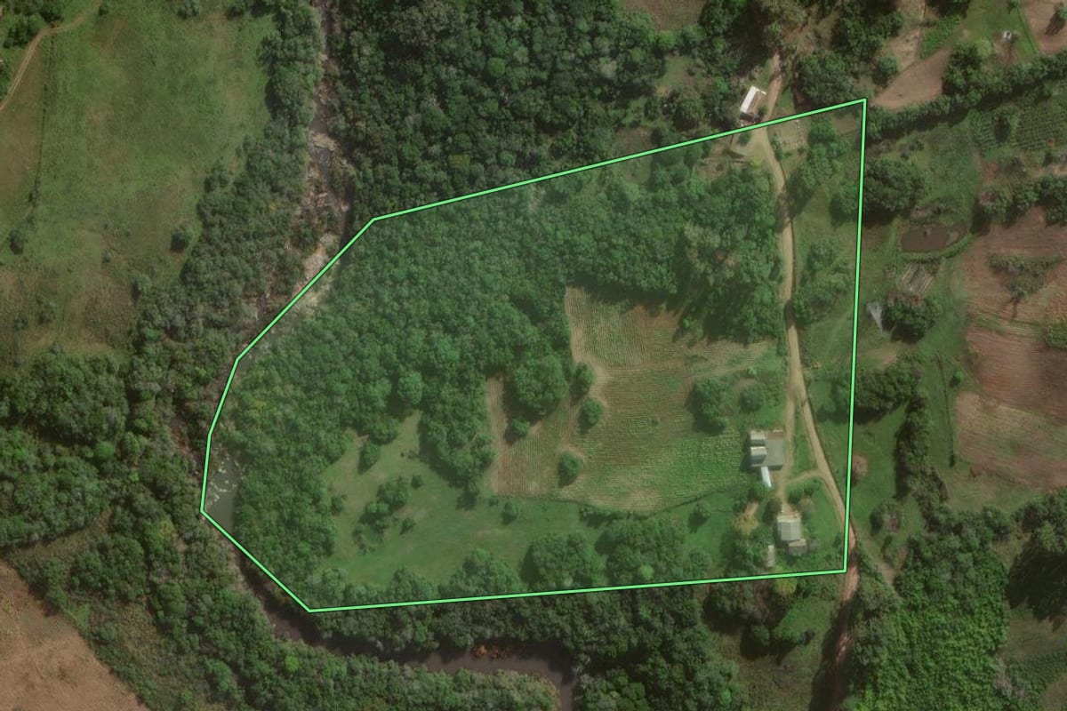 Imagem de satélite do imóvel rural em Canguçu (RS), com o contorno declarado no CAR desenhado por cima.