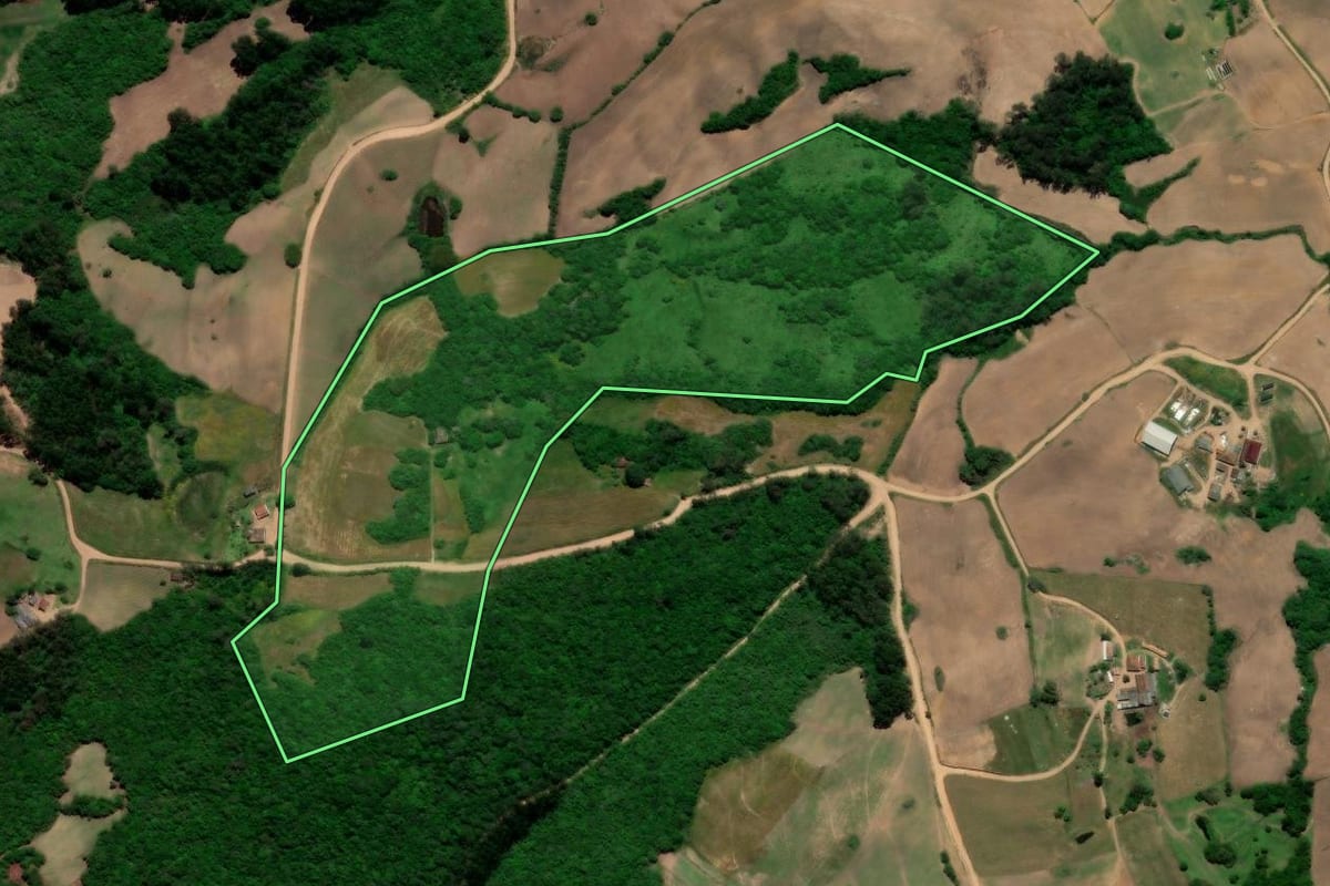 Imagem de satélite do imóvel rural em Canguçu (RS), com o contorno declarado no CAR desenhado por cima.