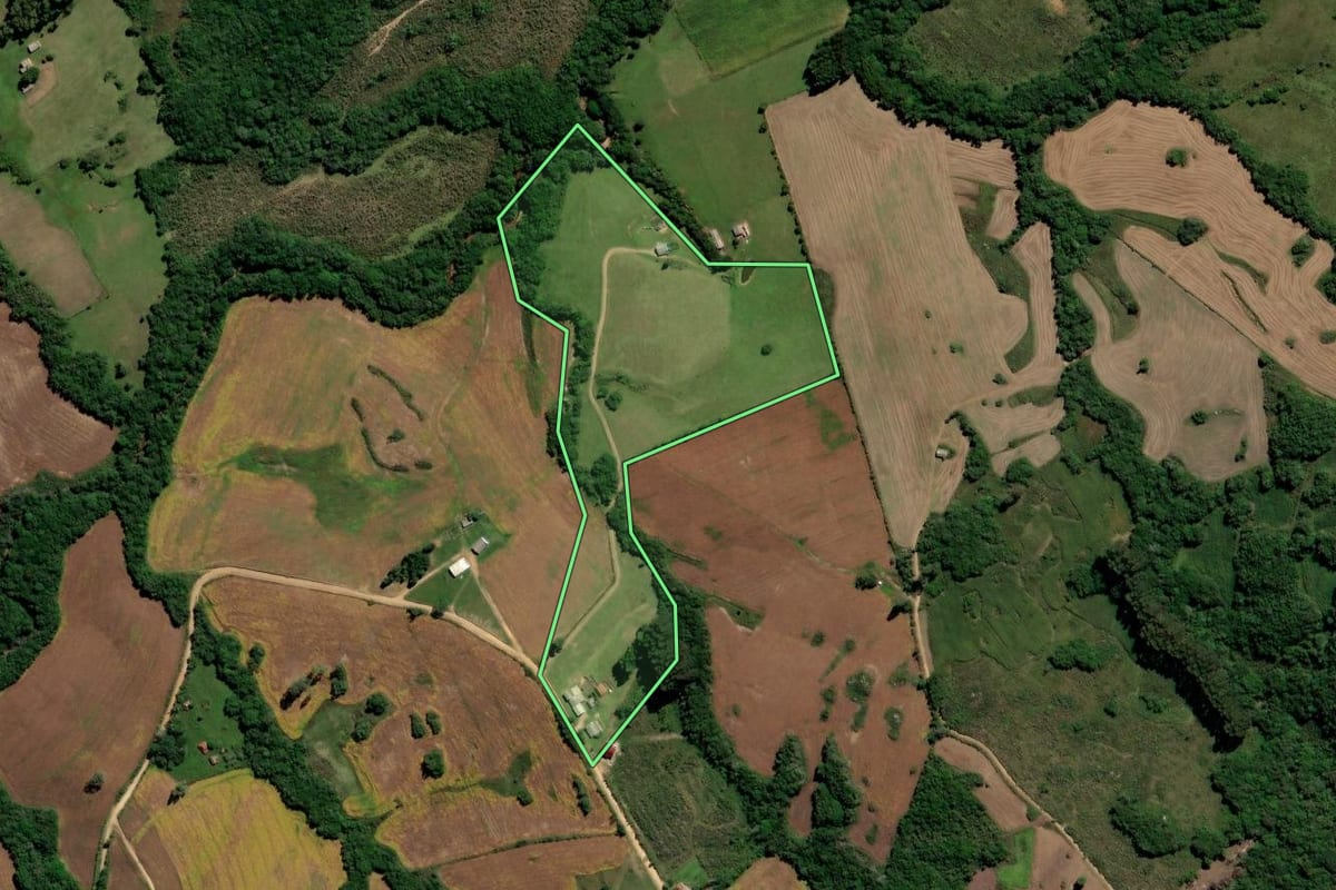 Imagem de satélite do imóvel rural em Canguçu (RS), com o contorno declarado no CAR desenhado por cima.