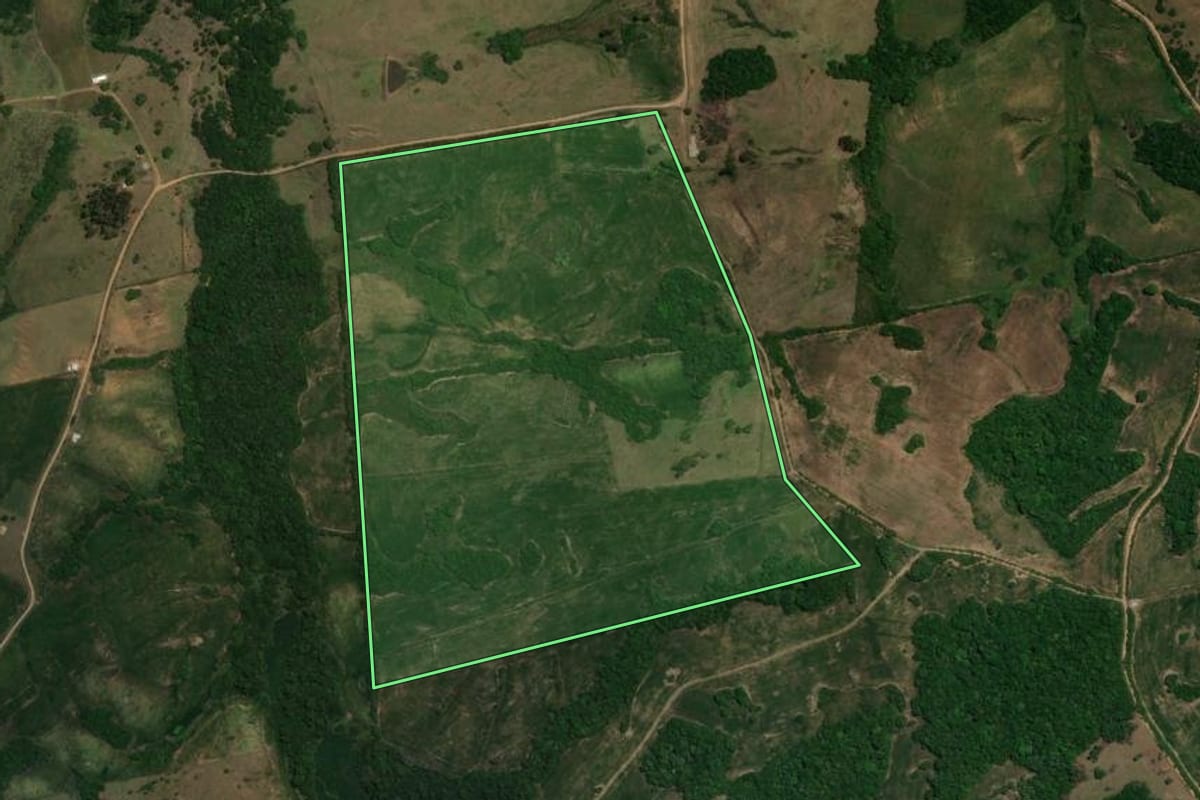 Imagem de satélite do imóvel rural em Canguçu (RS), com o contorno declarado no CAR desenhado por cima.