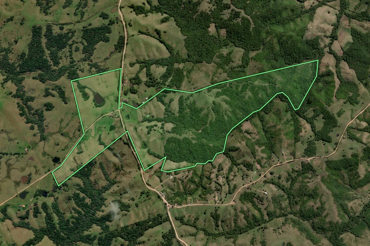 Imagem de satélite do imóvel rural em Canguçu (RS), com o contorno declarado no CAR desenhado por cima.