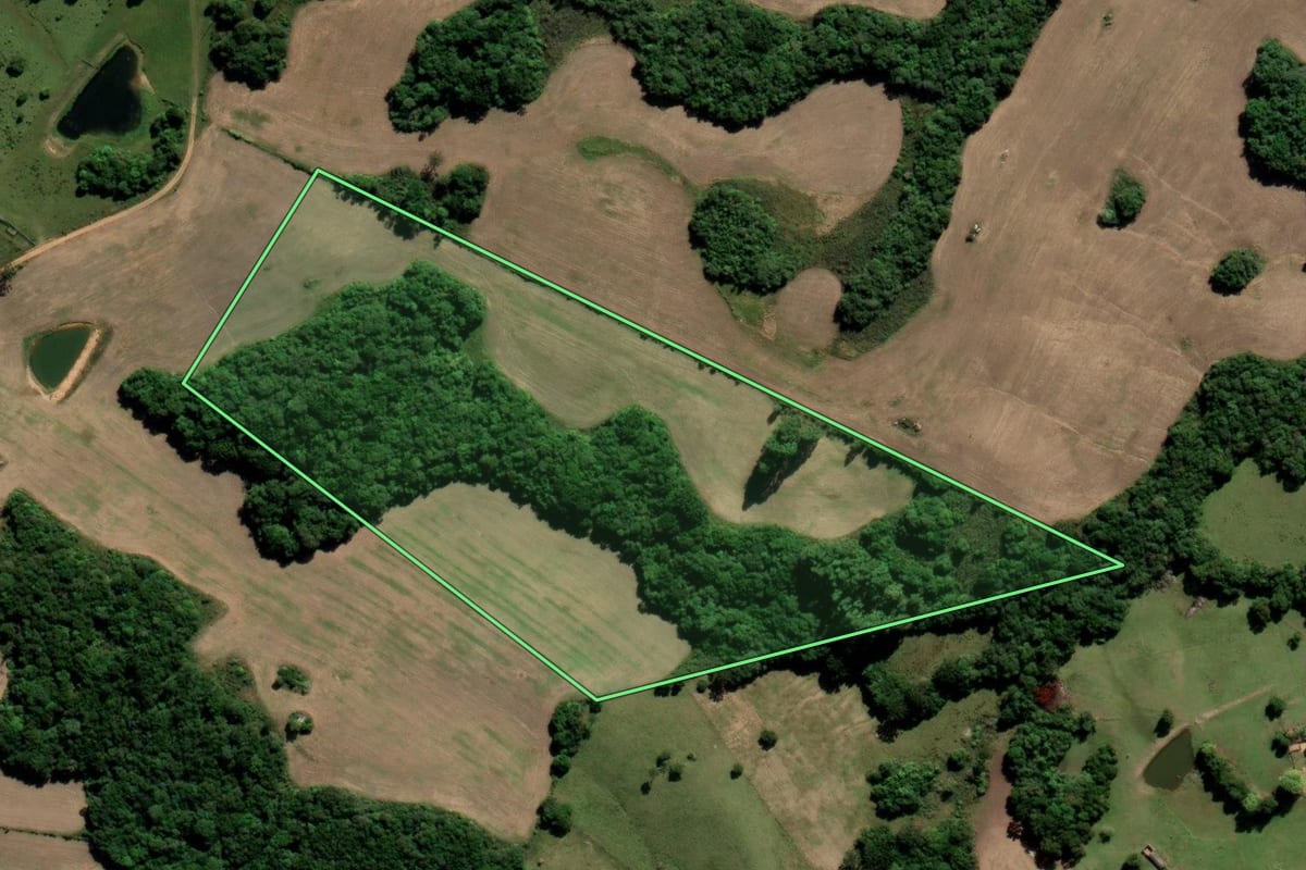 Imagem de satélite do imóvel rural em Canguçu (RS), com o contorno declarado no CAR desenhado por cima.