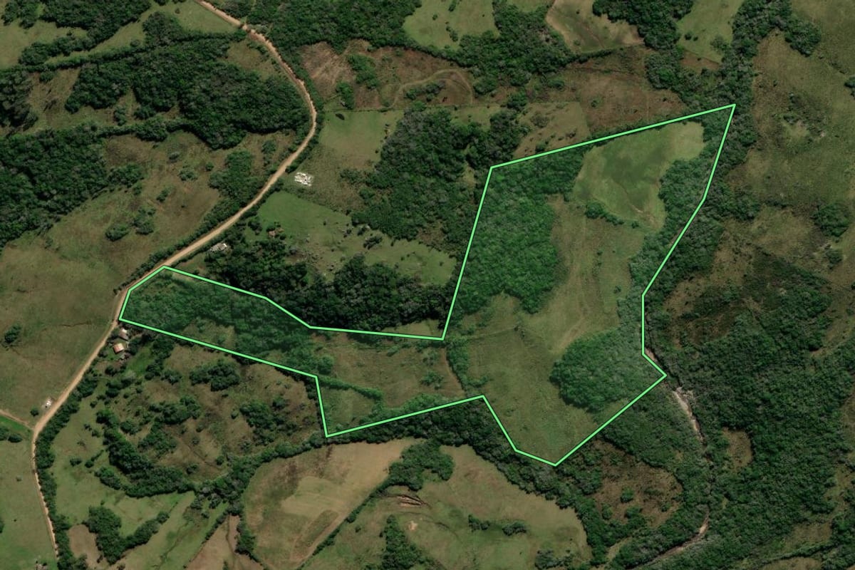 Imagem de satélite do imóvel rural em Canguçu (RS), com o contorno declarado no CAR desenhado por cima.