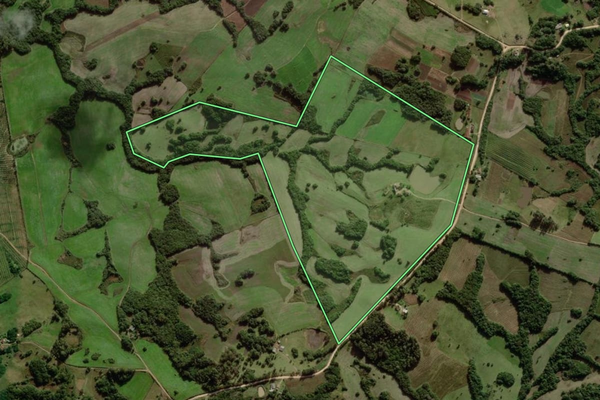 Imagem de satélite do imóvel rural em Canguçu (RS), com o contorno declarado no CAR desenhado por cima.