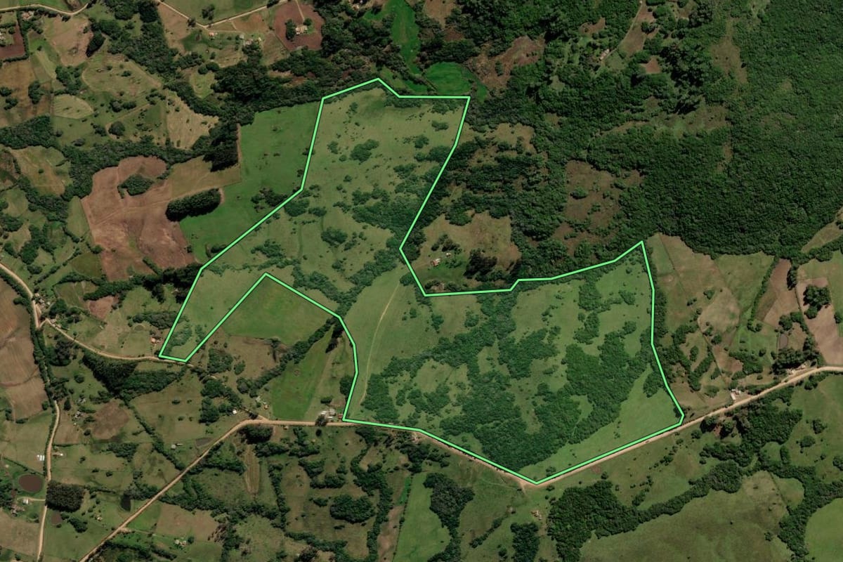 Imagem de satélite do imóvel rural em Canguçu (RS), com o contorno declarado no CAR desenhado por cima.