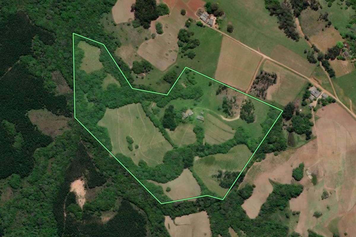 Imagem de satélite do imóvel rural em Canguçu (RS), com o contorno declarado no CAR desenhado por cima.