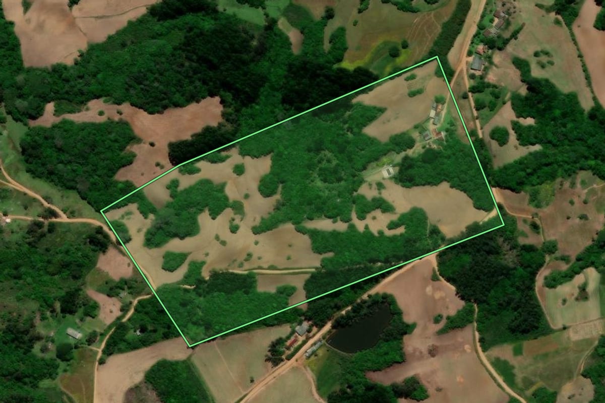 Imagem de satélite do imóvel rural em Canguçu (RS), com o contorno declarado no CAR desenhado por cima.