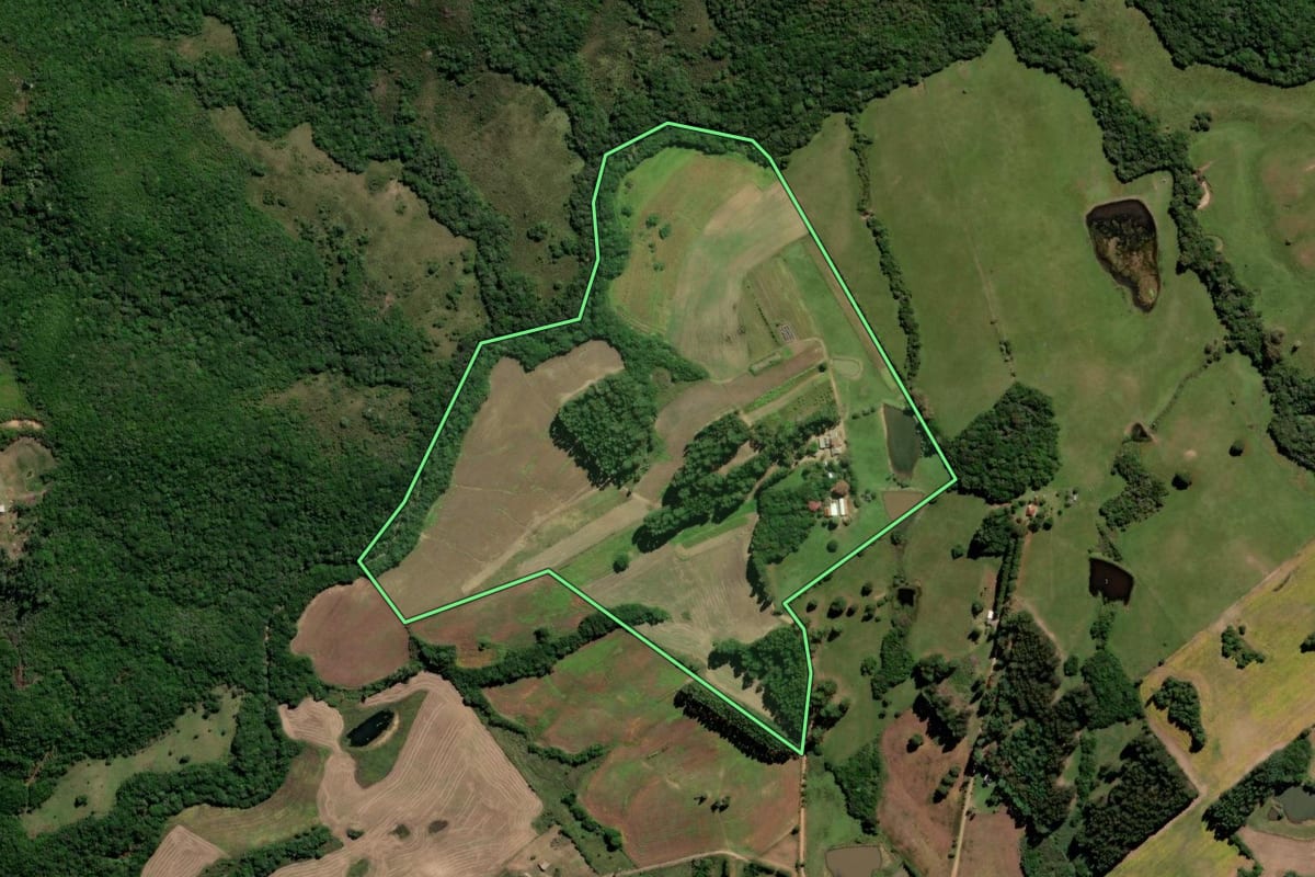 Imagem de satélite do imóvel rural em Canguçu (RS), com o contorno declarado no CAR desenhado por cima.