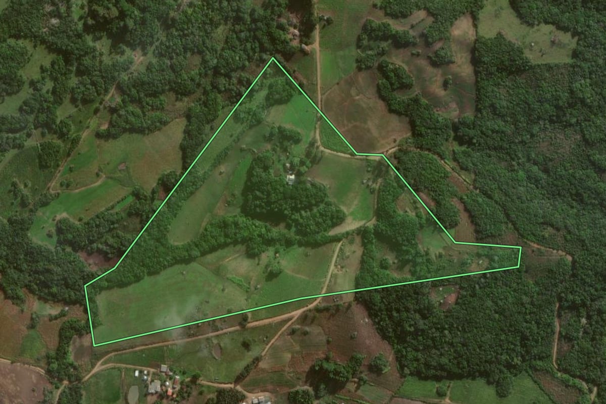 Imagem de satélite do imóvel rural em Canguçu (RS), com o contorno declarado no CAR desenhado por cima.