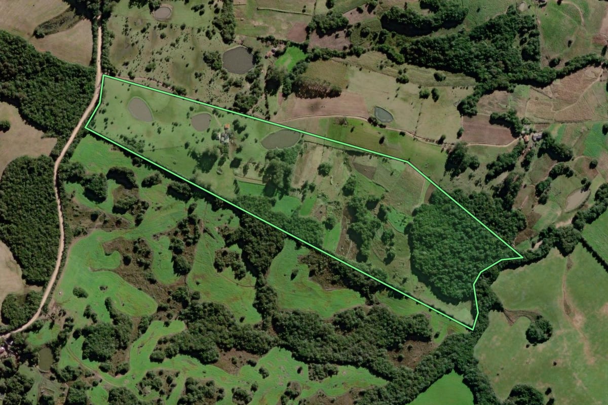 Imagem de satélite do imóvel rural em Canguçu (RS), com o contorno declarado no CAR desenhado por cima.